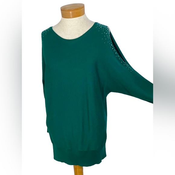 LOFT Green, Cold Shoulder Sweater With Rhinestones Large - Picture 9 of 11